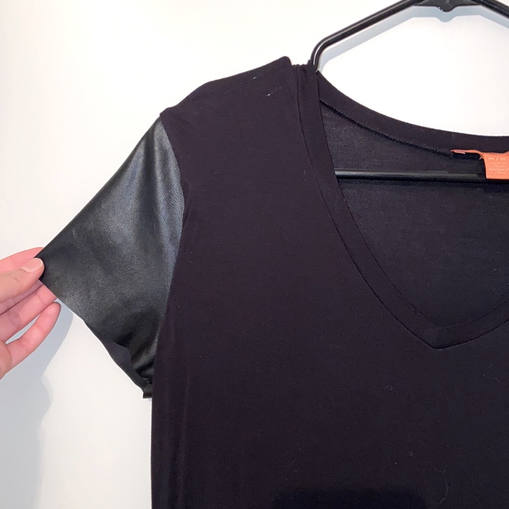 Black Tee with Leather Sleeves - Joe Fresh Size M